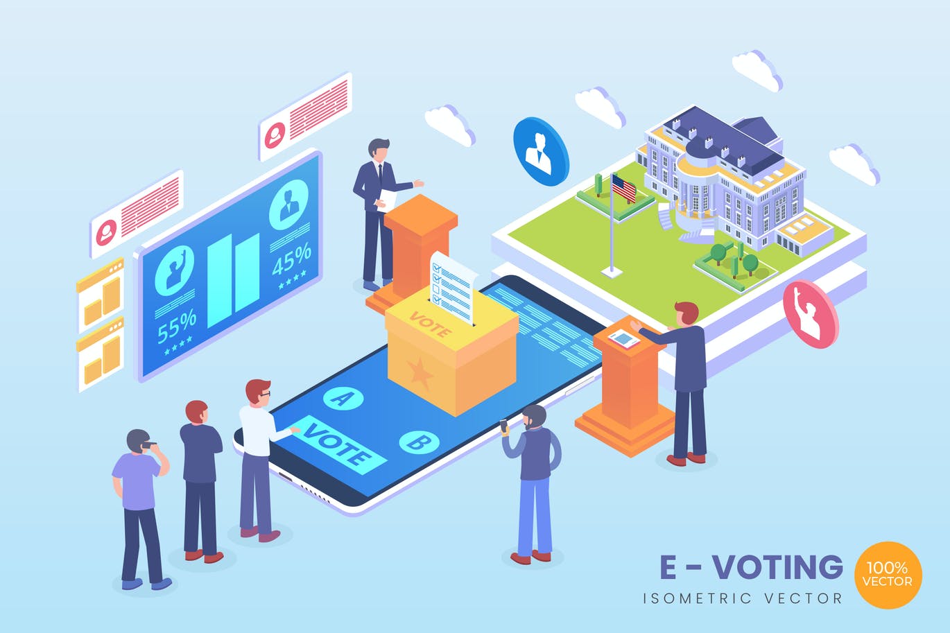 矢量概念插画电子投票主题2.5D Isometric E-Voting Vector Concept设计素材模板