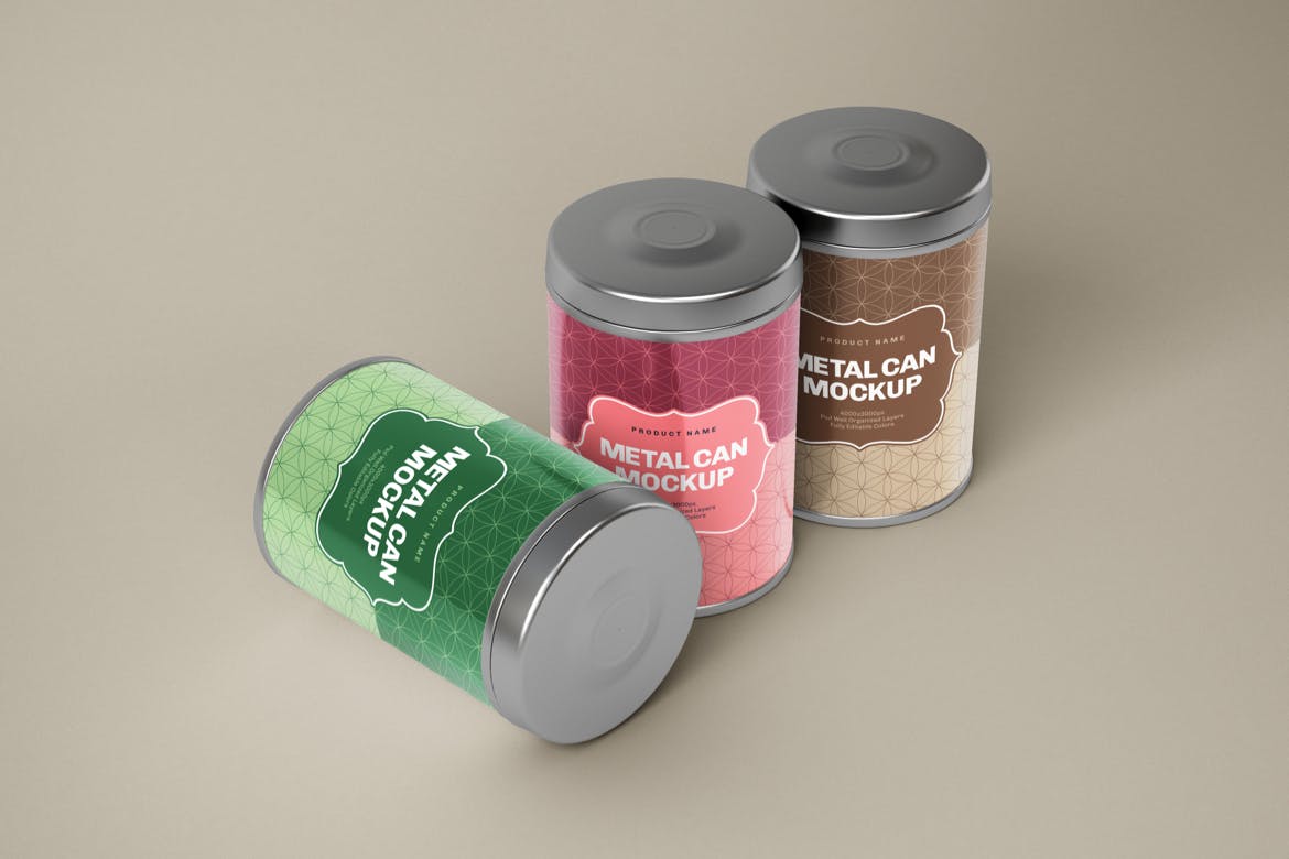 包装设计圆筒形锡盒样机集 Glossy Round Tin Box Mockup Set | Cylinder Can设计素材模板