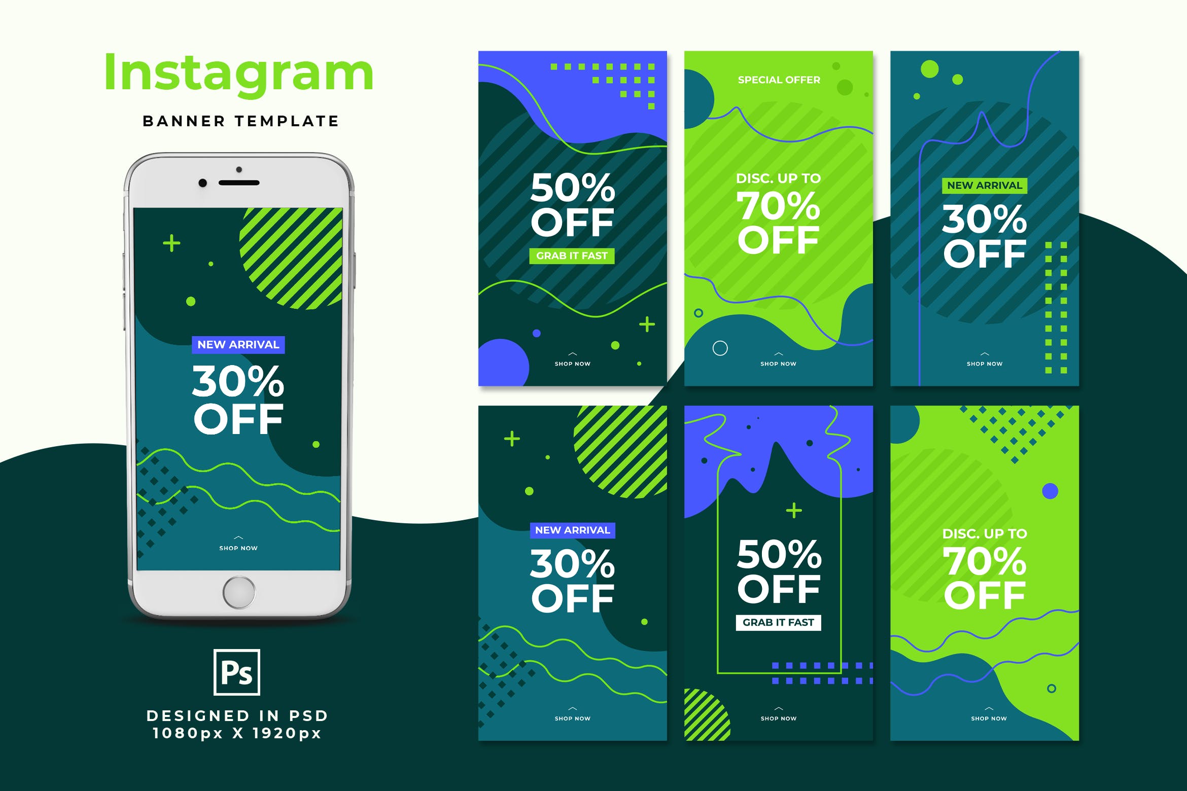 折扣促销活动绿色配色方案Instagram故事社交贴图模板 Discount Instagram Stories设计素材模板