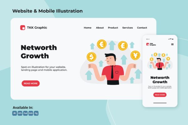 金融知识净值增长主题网站设计模板 Networth growth in financial literacy web & mobile