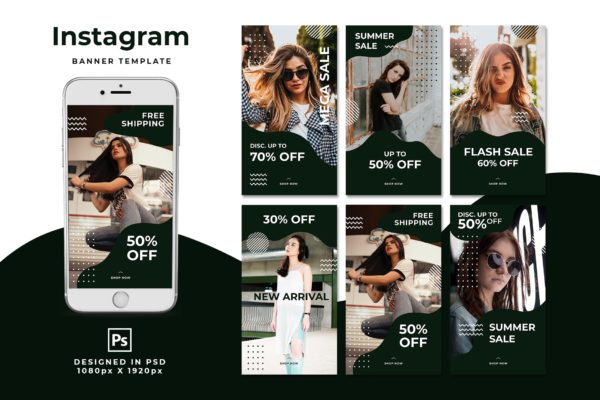 时装促销深绿色主题Instagram故事社交贴图模板 Instagram Stories