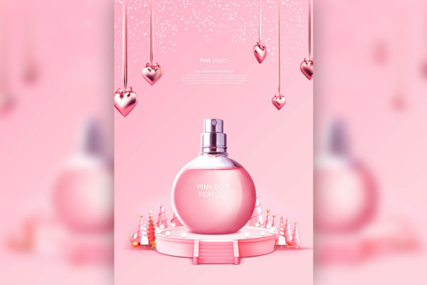 化妆品产品展示粉红玫瑰香水海报设计模板