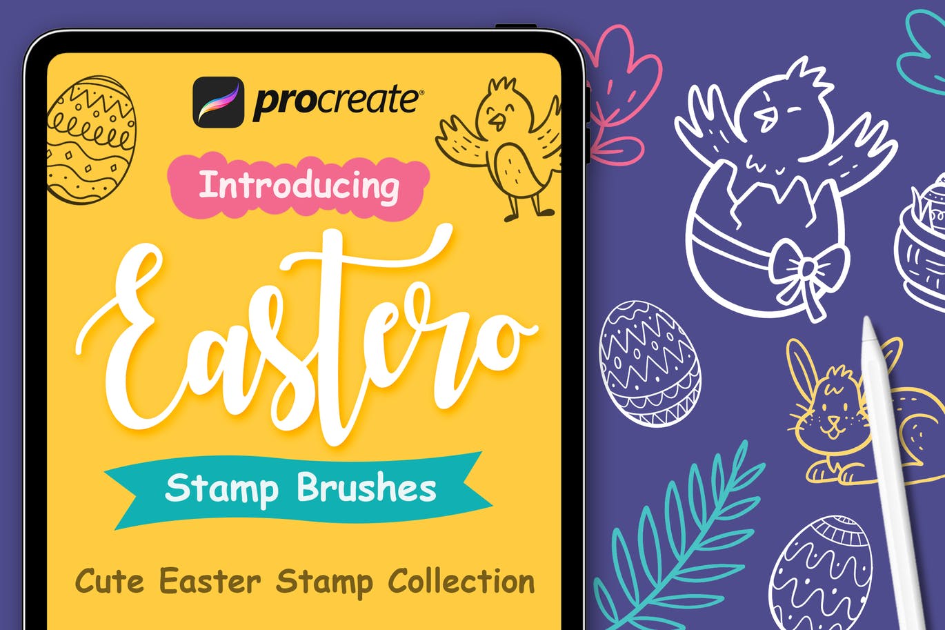 主题卡通复活节主题卡通涂鸦元素Procreate画笔 Easter Stamp – Procreate Brushes设计素材模板
