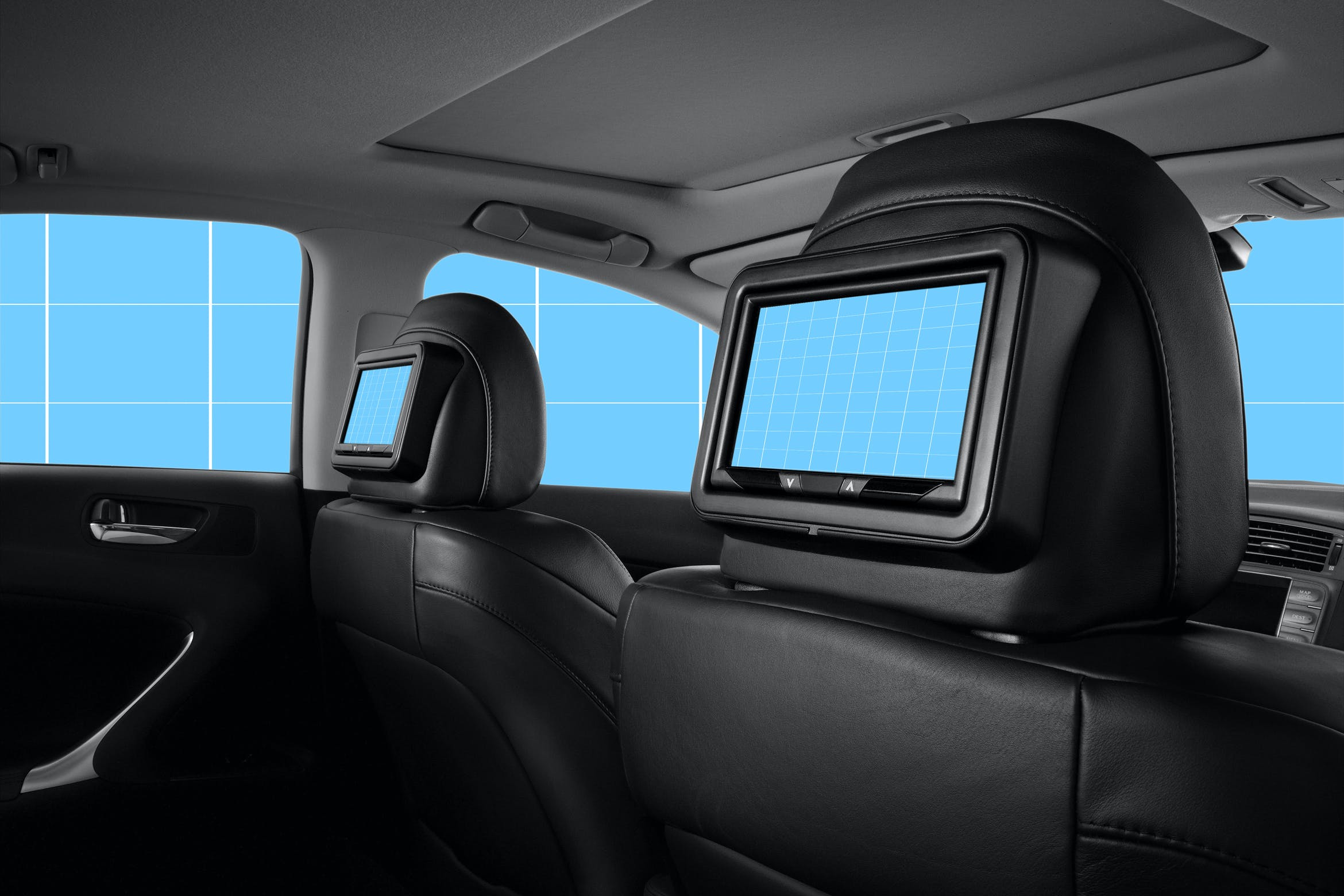 液晶屏幕展示真皮内饰汽车后排样机模板 Leather interior-Car-Mockup设计素材模板