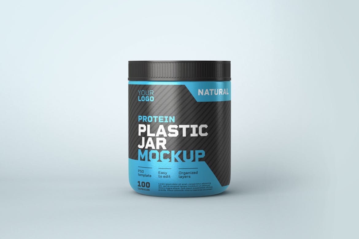 包装设计食品补充剂塑料罐样机模板 Food Supplement Plastic Jar Mockup设计素材模板