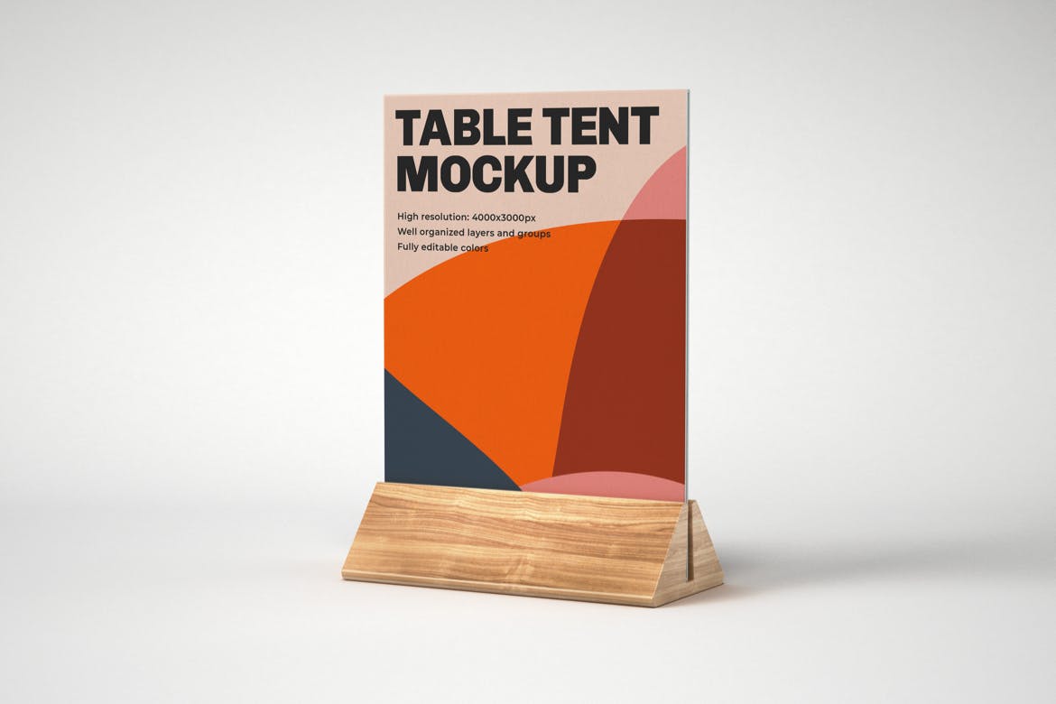 餐桌牌木制底座&桌号牌效果图展示右侧视图样机模板 Table Tent Mockup设计素材模板