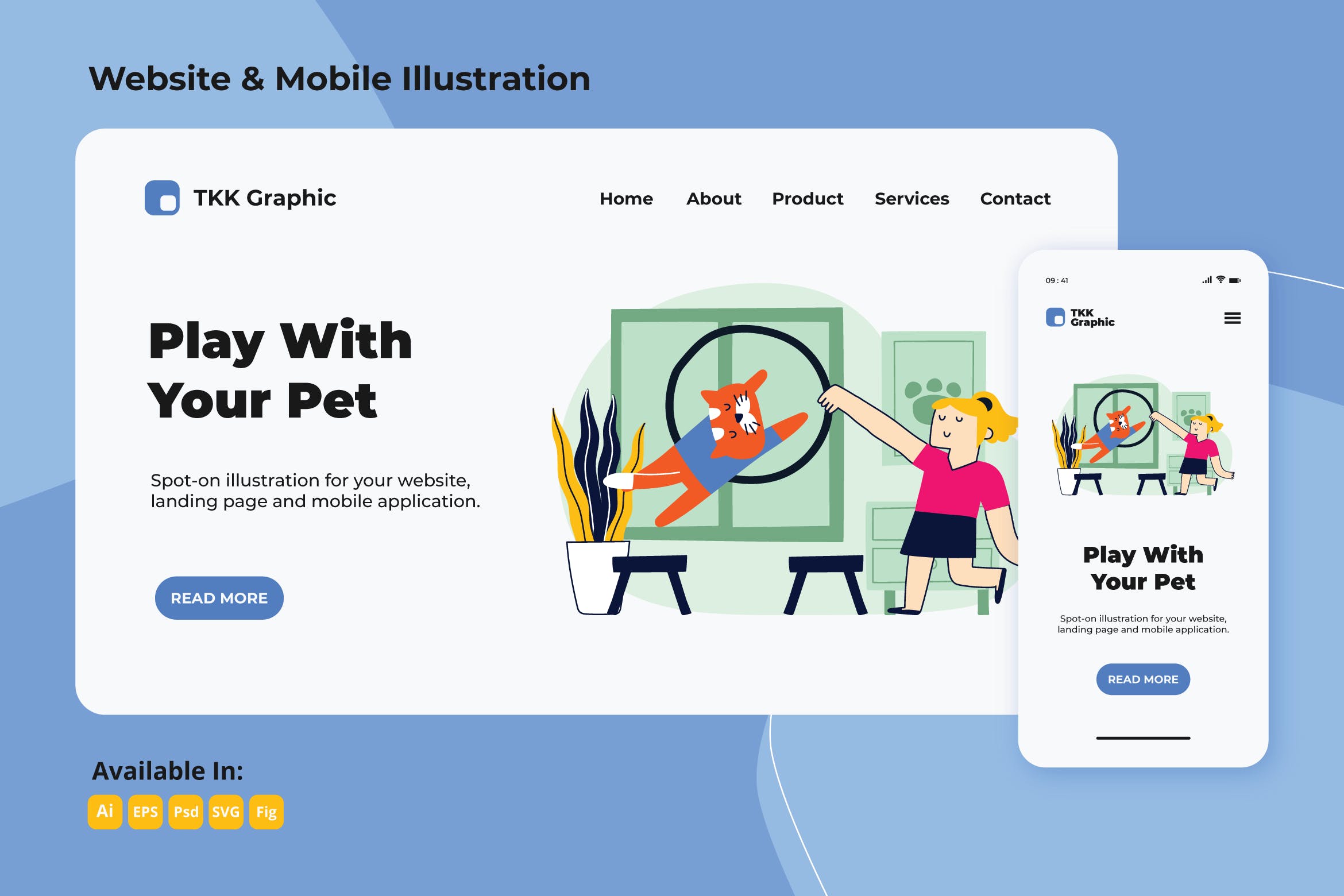 网站设计模板宠物嬉戏插画[PC&手机] Play with animal web and mobile设计素材模板