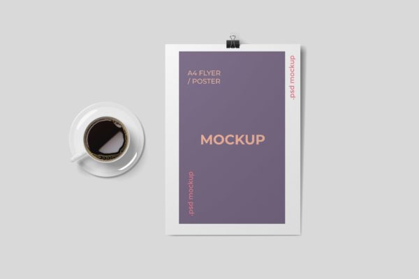 咖啡宣传单设计样机 A cup of coffee and A4 Flyer Mockups