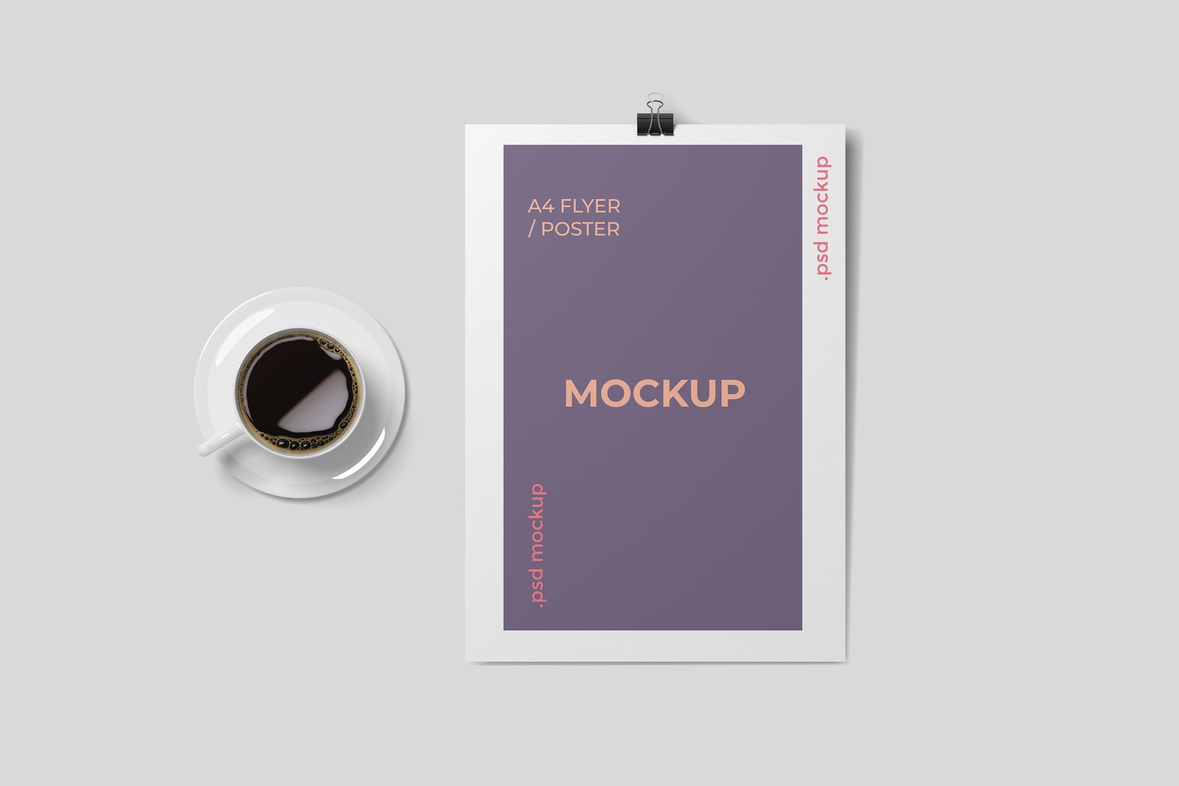 咖啡宣传单设计样机 A cup of coffee and A4 Flyer Mockups设计素材模板