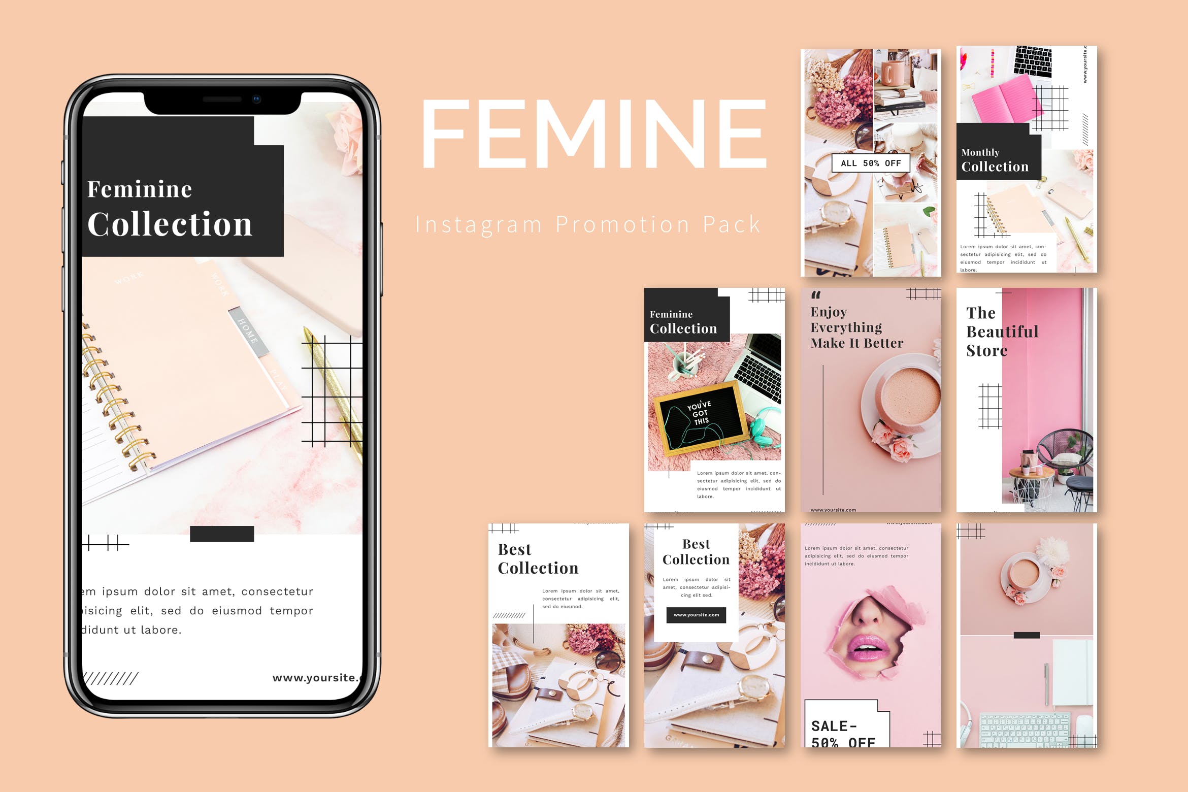 Instagram社交媒体粉女郎装饰风营销模板 Femine – Instagram Promotion Pack设计素材模板