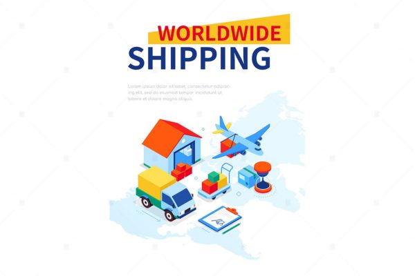 多彩等距全球航运主题矢量插画 Worldwide shipping – colorful isometric banner设计素材模板