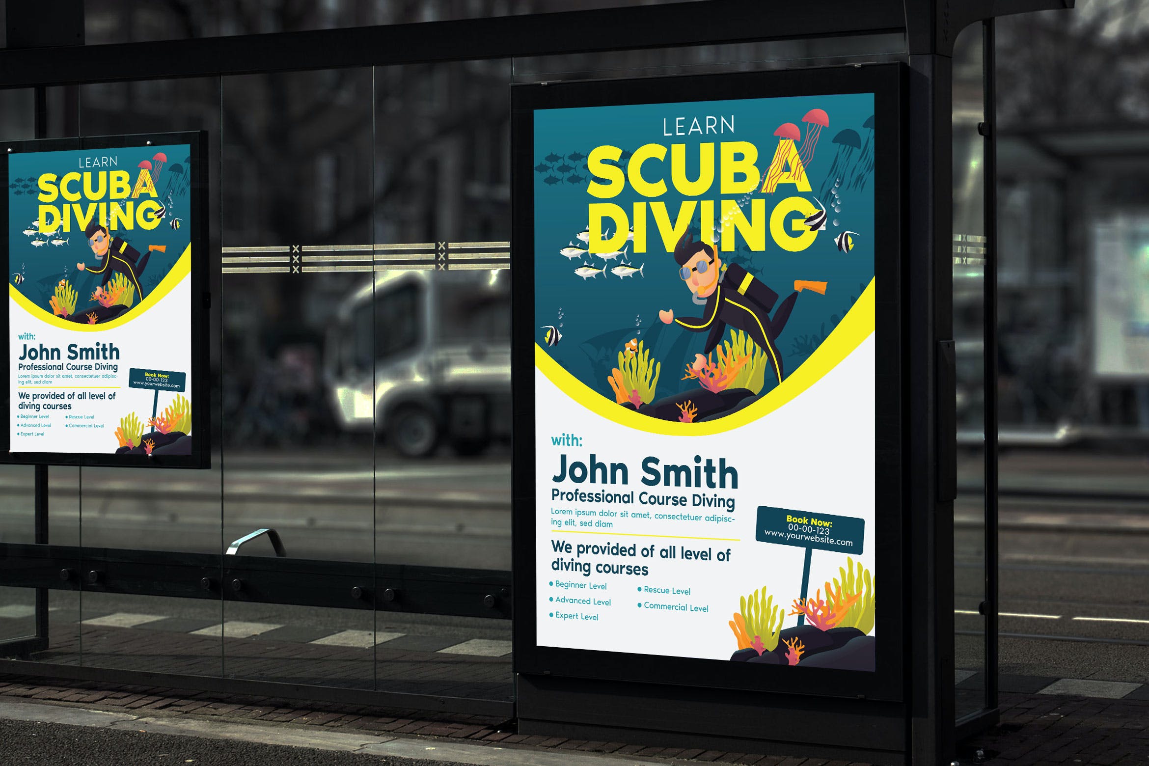 广告海报潜水教学培训班设计模板 Learn Scuba Diving – Poster GR设计素材模板