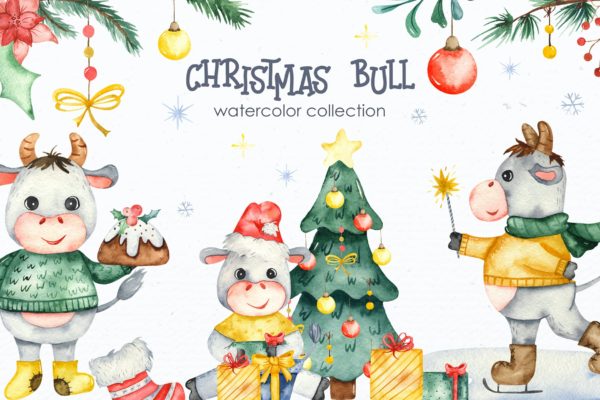 圣诞节水彩剪贴画素材 Watercolor Christmas bulls