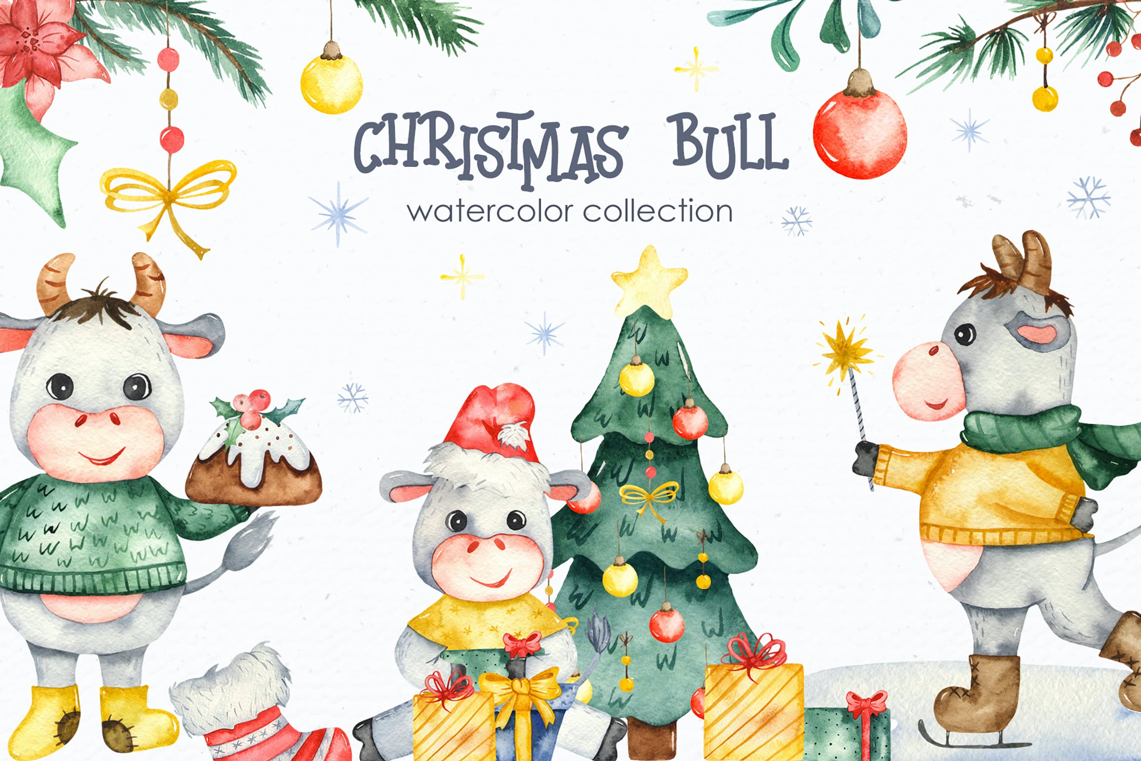 圣诞节水彩剪贴画素材 Watercolor Christmas bulls设计素材模板