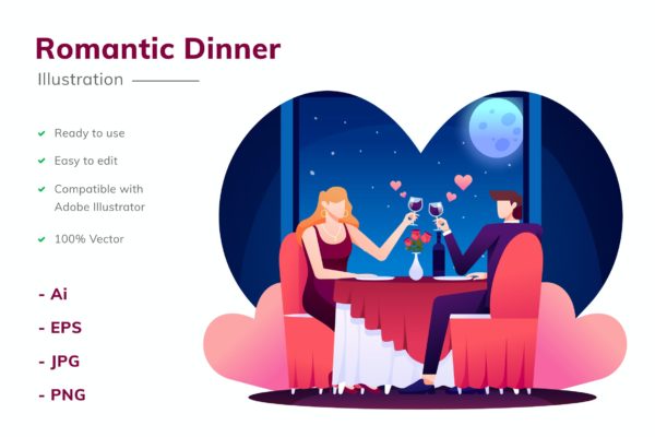 矢量插画浪漫晚餐主题设计素材 Romantic Dinner Illustration