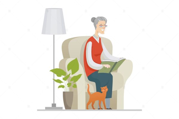 扁平设计老奶奶阅读场景插画素材 Senior woman reading – flat design illustration设计素材模板