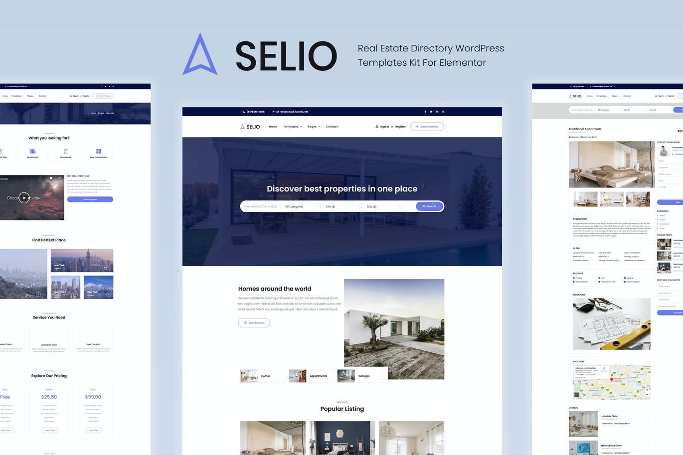 现代化专业房地产目录WordPress模板套件 Selio – Real Estate Directory Template Kit设计素材模板