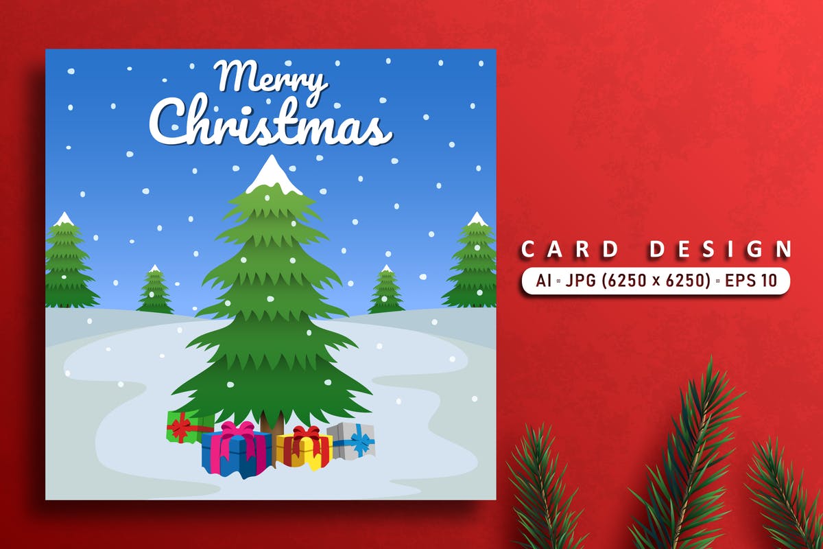圣诞快乐主题&圣诞树贺卡设计矢量素材 Merry Christmas Vector Card With Pine Trees设计素材模板