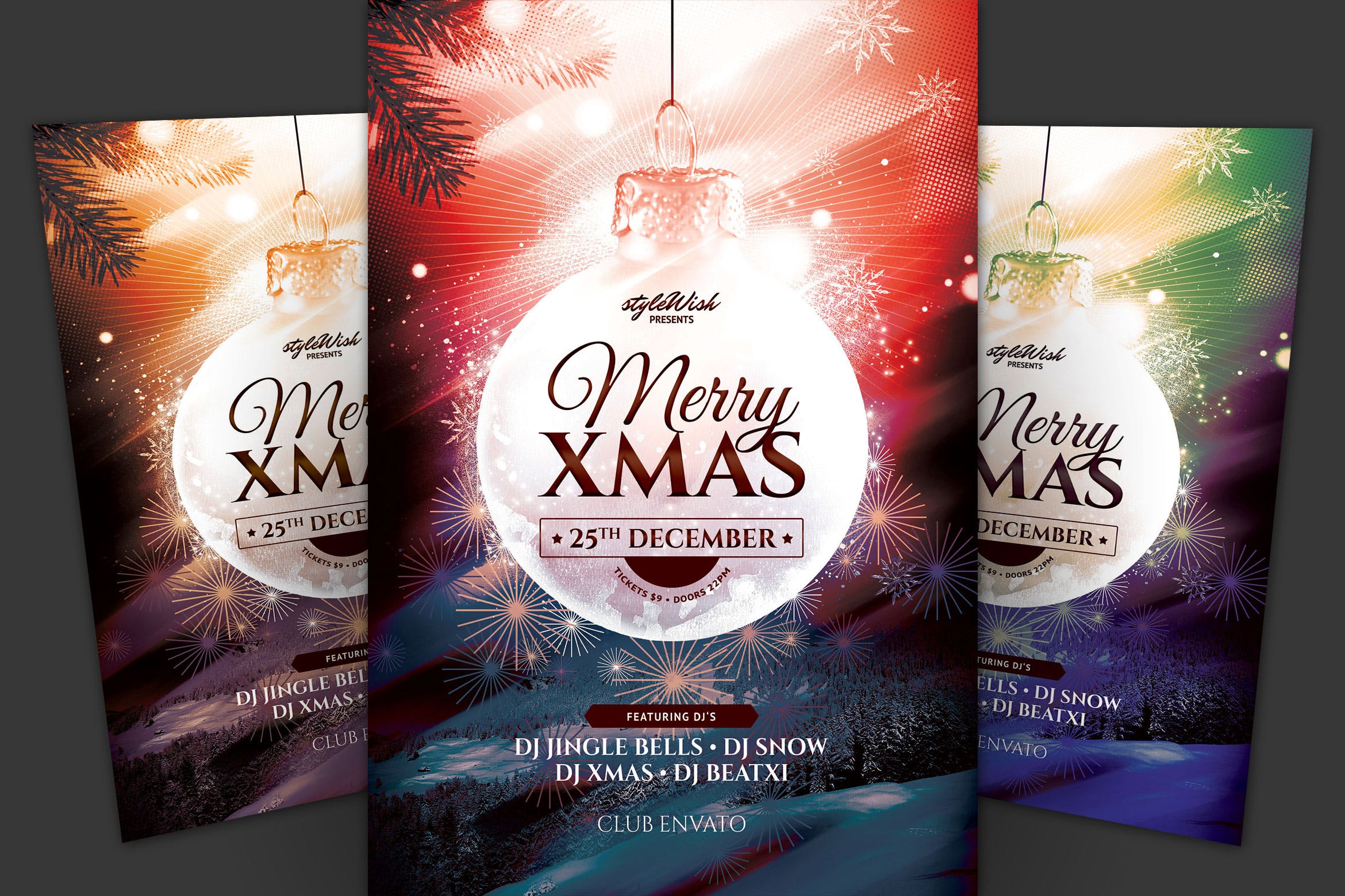 圣诞节传单设计发光圣诞球模板 Merry Xmas Flyer设计素材模板