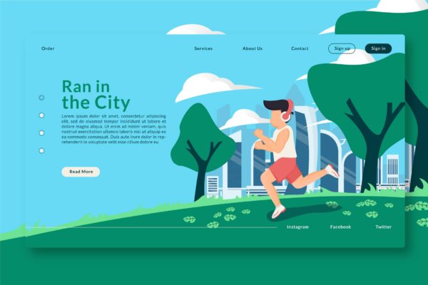 网站设计城市跑步主题插画素材 Ran in the City – Web Header & Landing Page GR