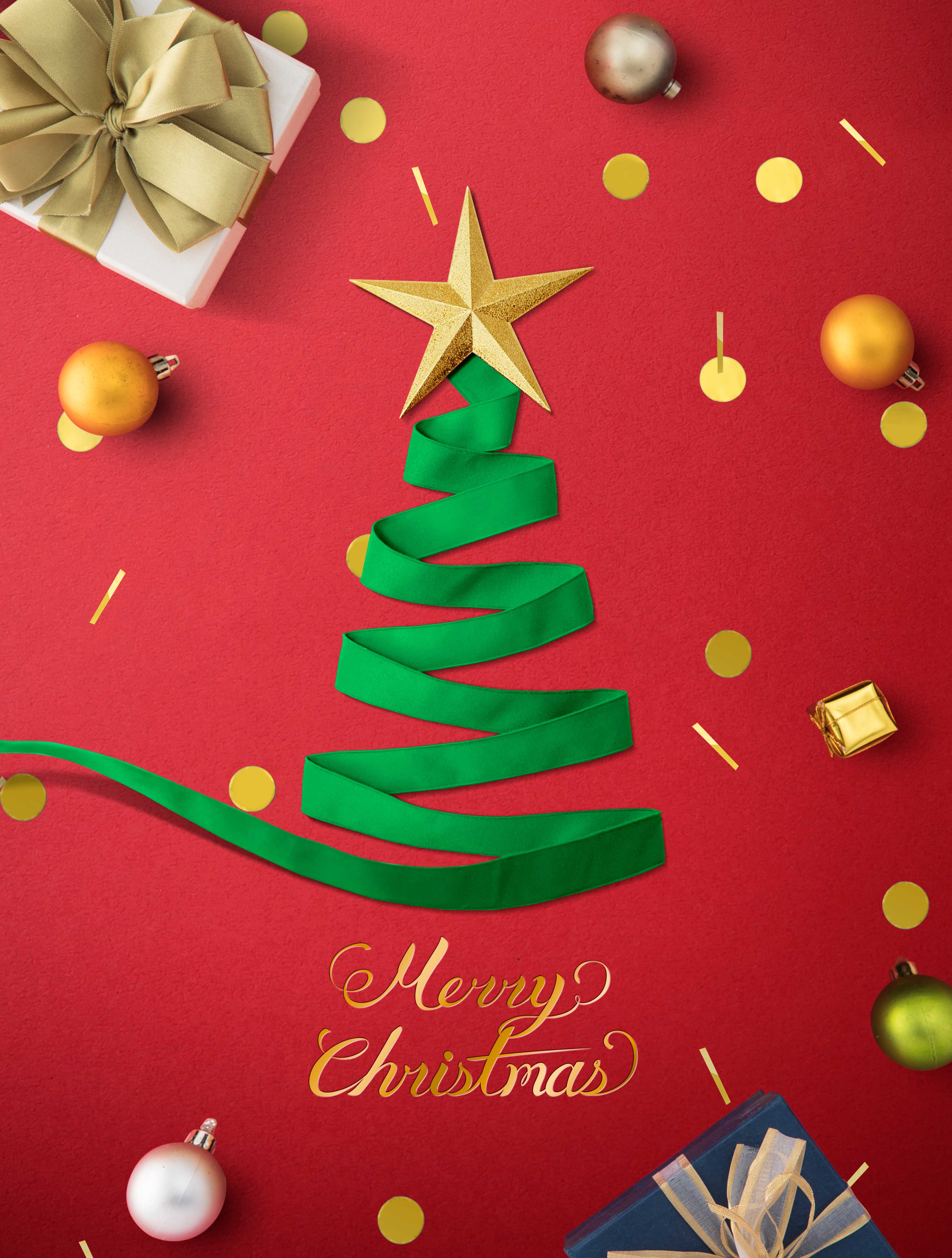 圣诞快乐海报创意丝带圣诞树设计模板设计素材模板