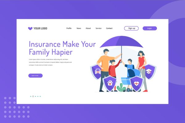 网站设计家庭保险服务主题插画模板 Insurance Make Your Family Happier Landing Page