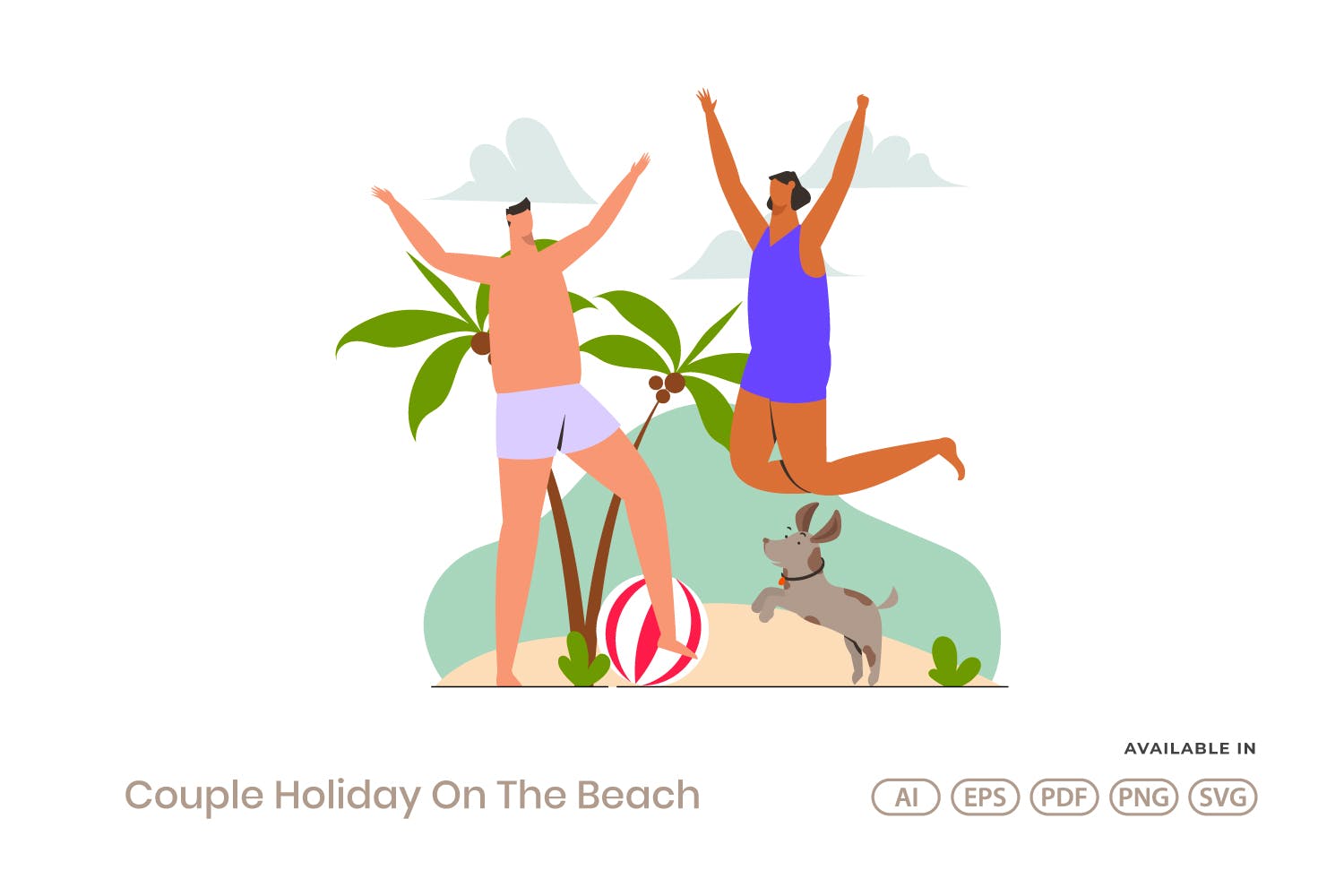人物插画情侣海滩度假矢量素材 Couple Holiday On The Beach设计素材模板