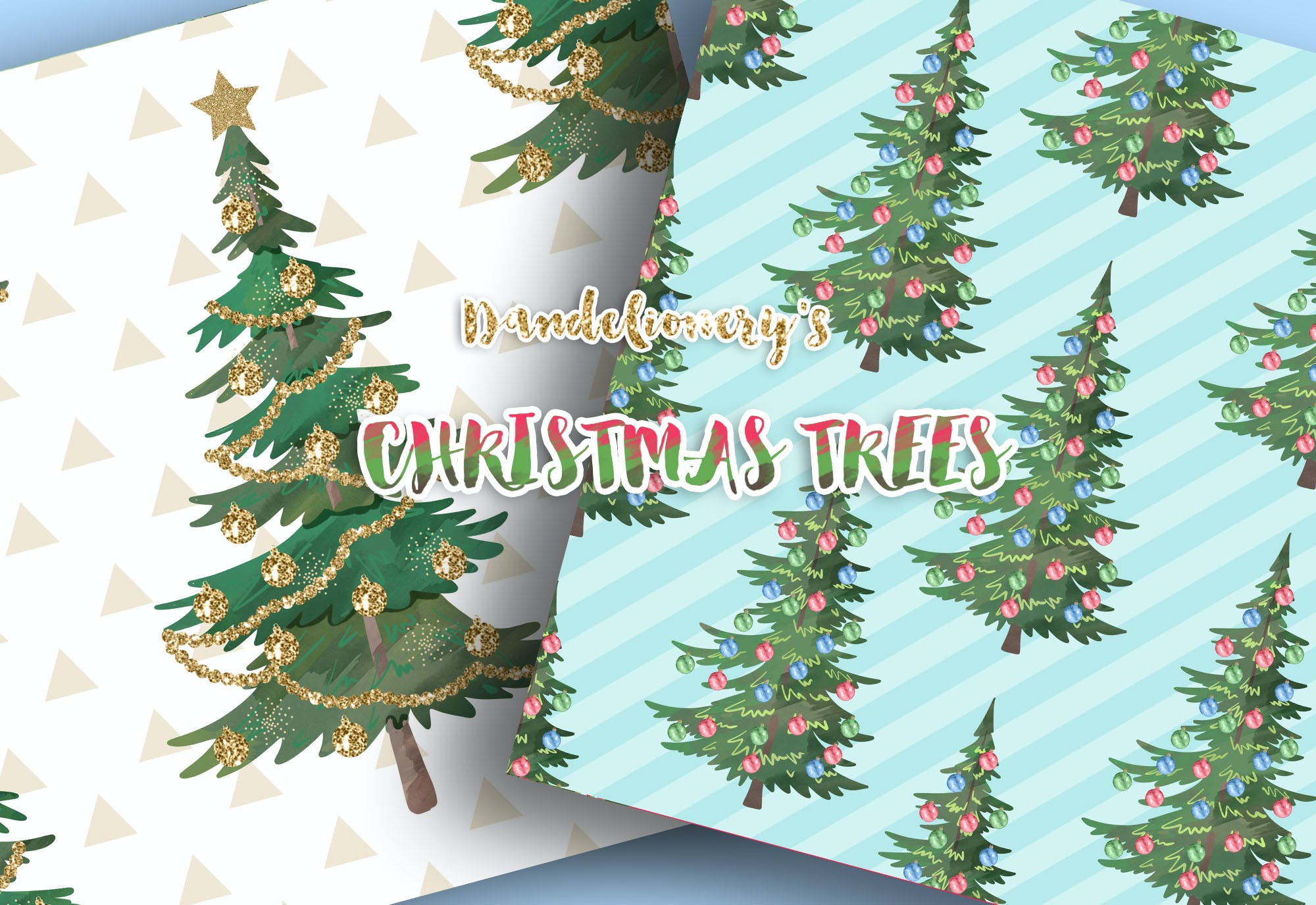 水彩图案背景圣诞树素材包 Christmas tree digital paper pack设计素材模板