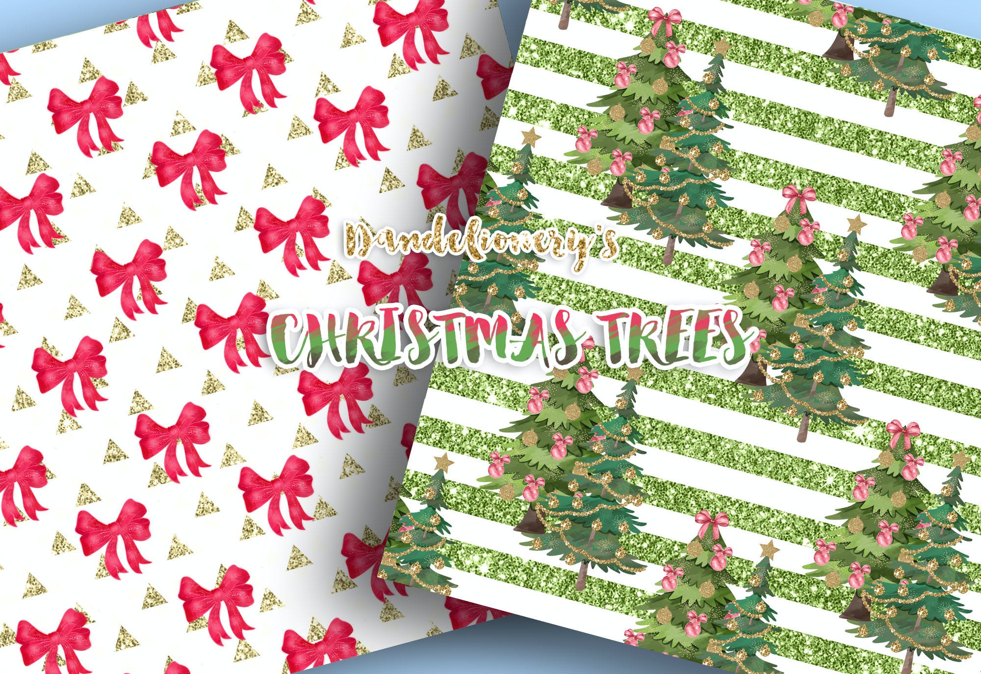水彩图案背景圣诞树素材包 Christmas tree digital paper pack设计素材模板