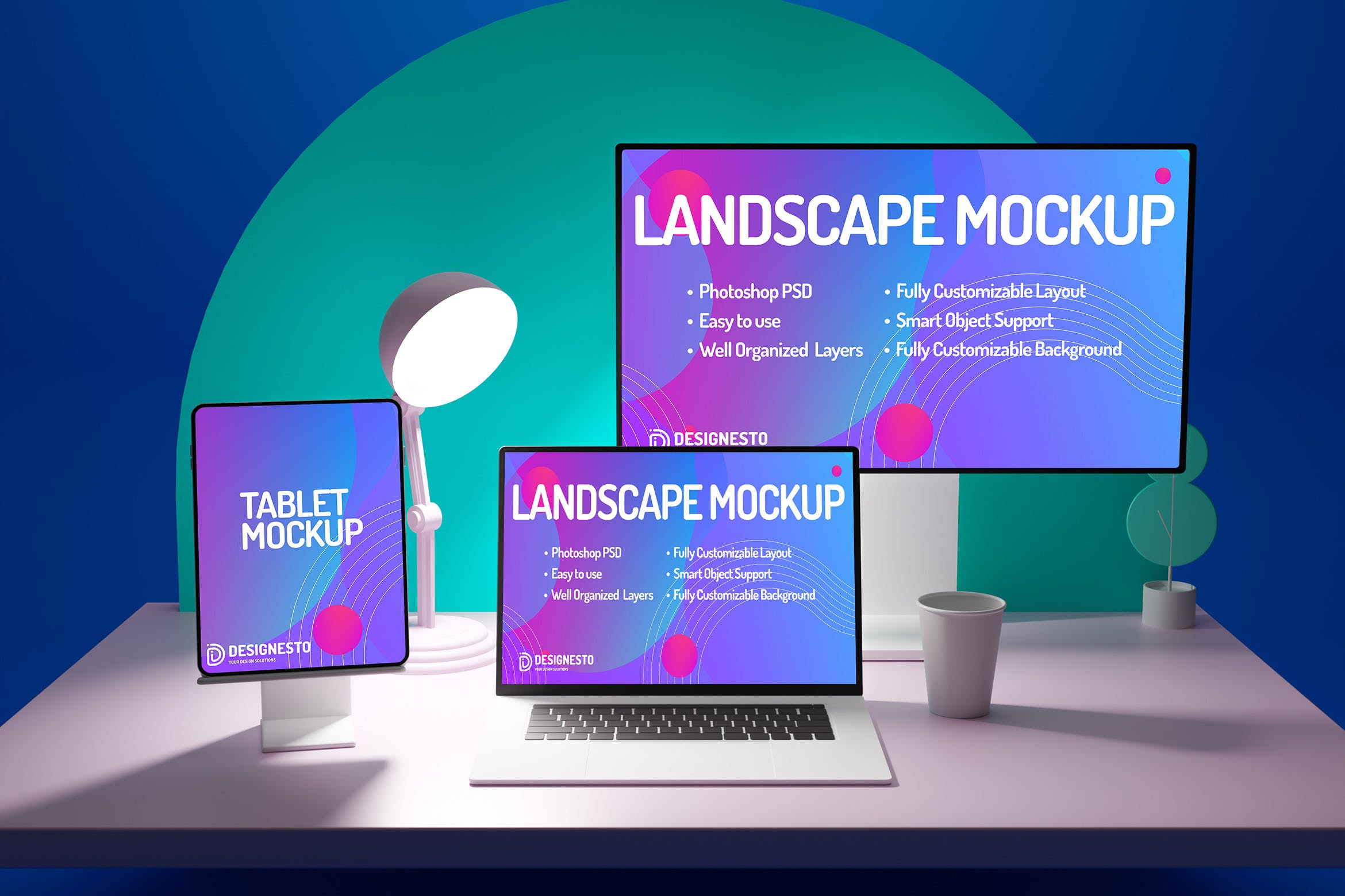 苹果设备多屏幕演示响应式设计样机模板 Macbook Monitor And iPad Cartoon – Mockup Template设计素材模板