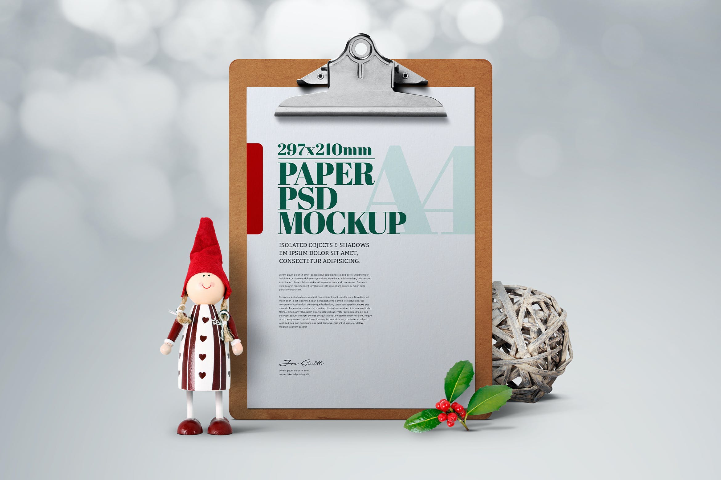 剪贴板样机圣诞场景A4海报 Christmas A4 Flyer Clipboard Mockup设计素材模板