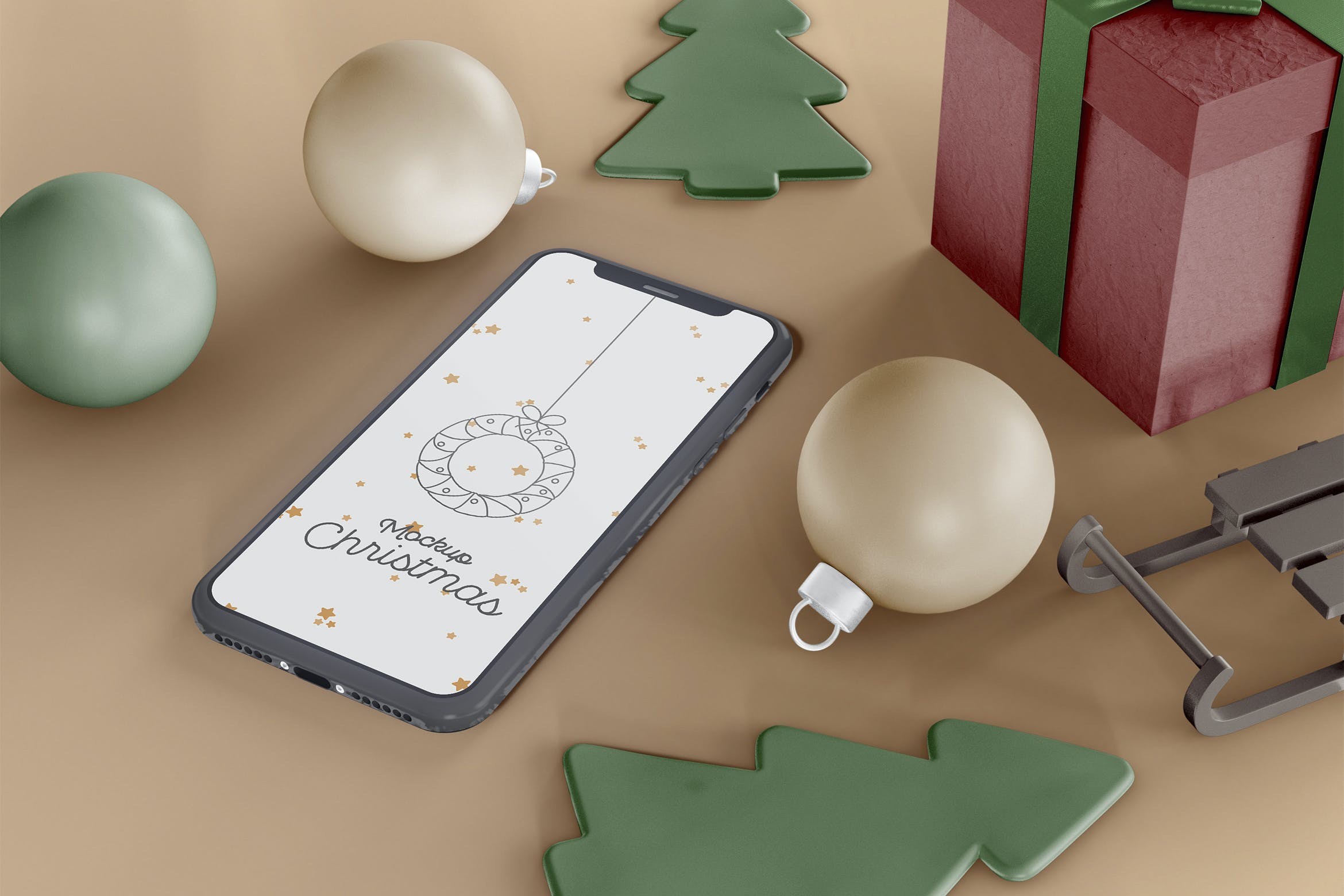 场景iPhone屏幕样机圣诞节日元素 Christmas Mockup设计素材模板