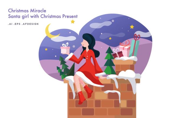 圣诞节礼物主题圣诞女孩矢量插画 Christmas Miracle – Santa girl with Christmas