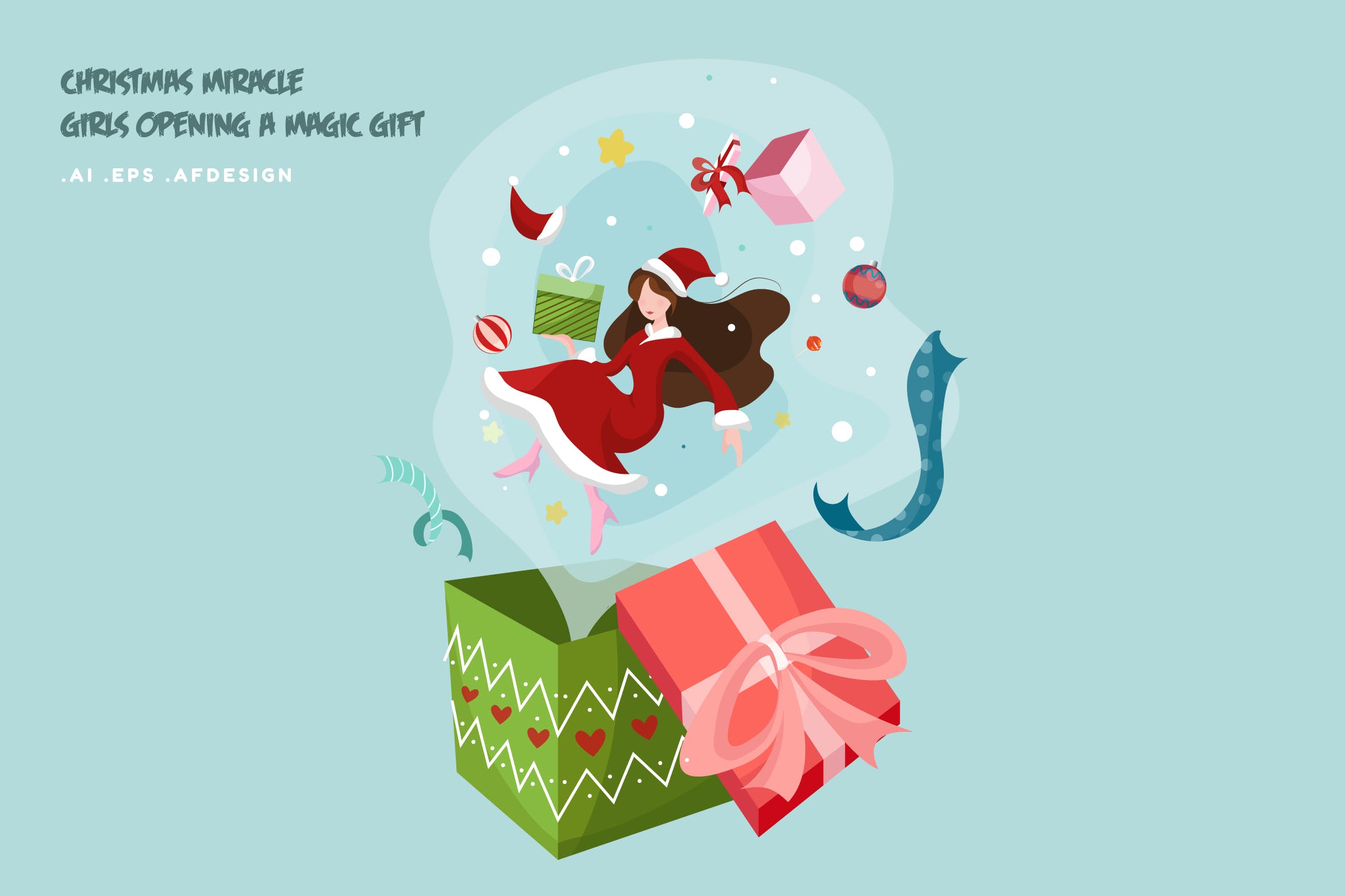 魔法礼物主题圣诞女孩矢量插画 Christmas Miracle girl opening a magic gift设计素材模板