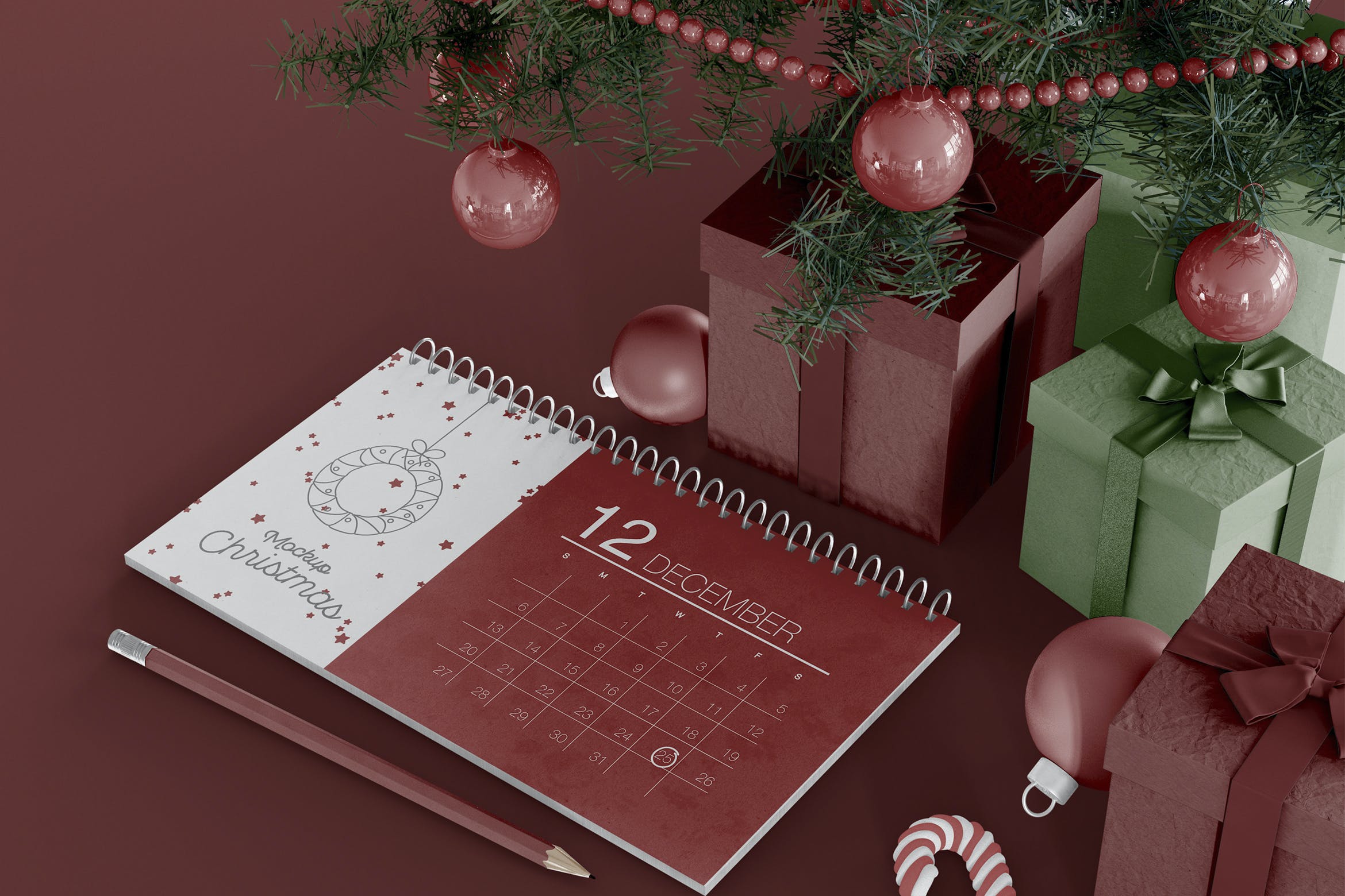 活页日历样机模板圣诞装饰场景 Calendar Christmas Mockup设计素材模板