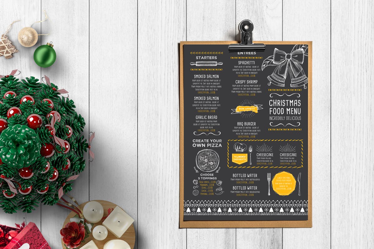 黑板菜单圣诞主题餐厅模板 Christmas Menu Restaurant Template设计素材模板
