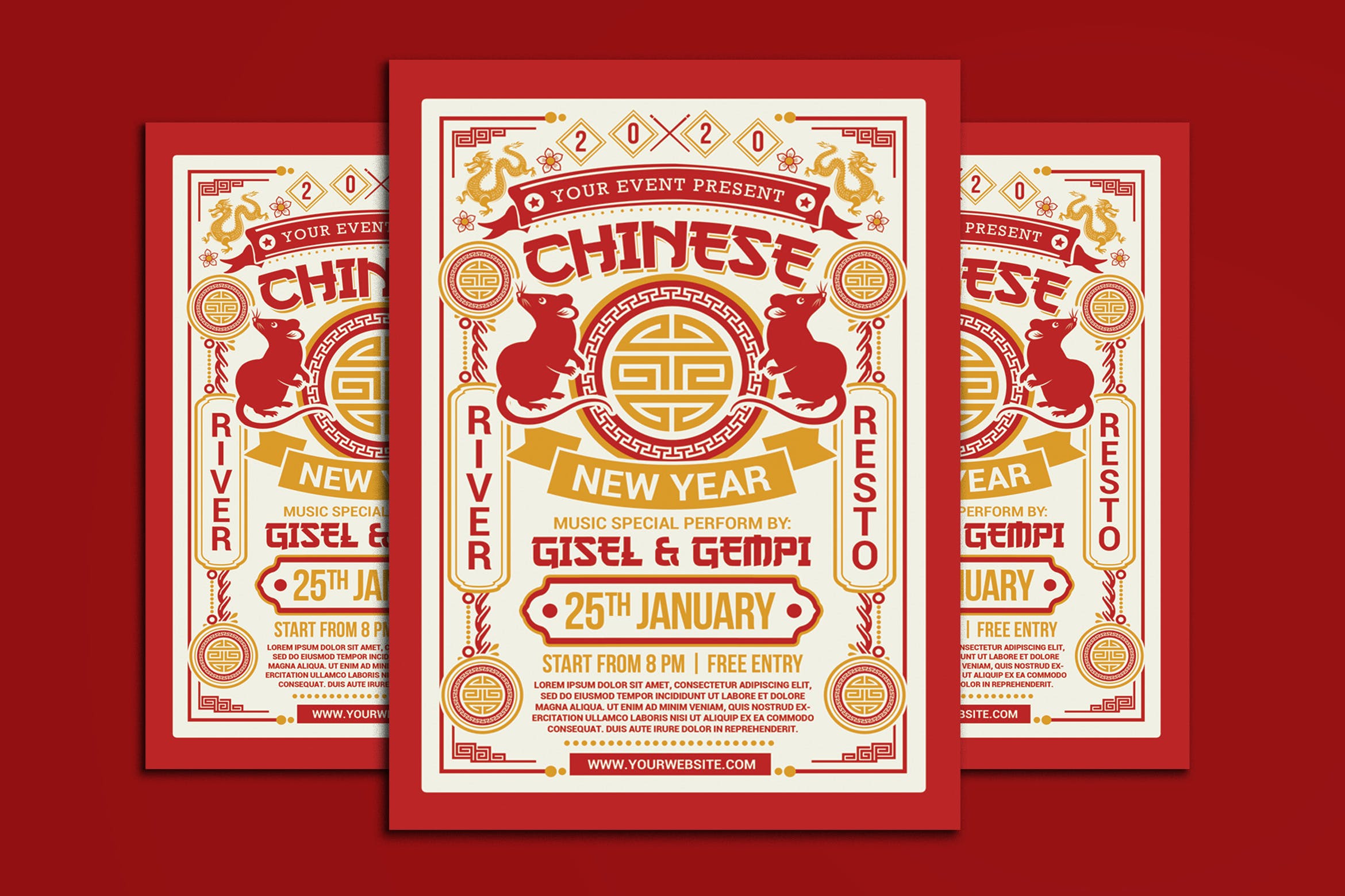 中国传统新年海报大红主题设计模板 Chinese New Year 2020设计素材模板