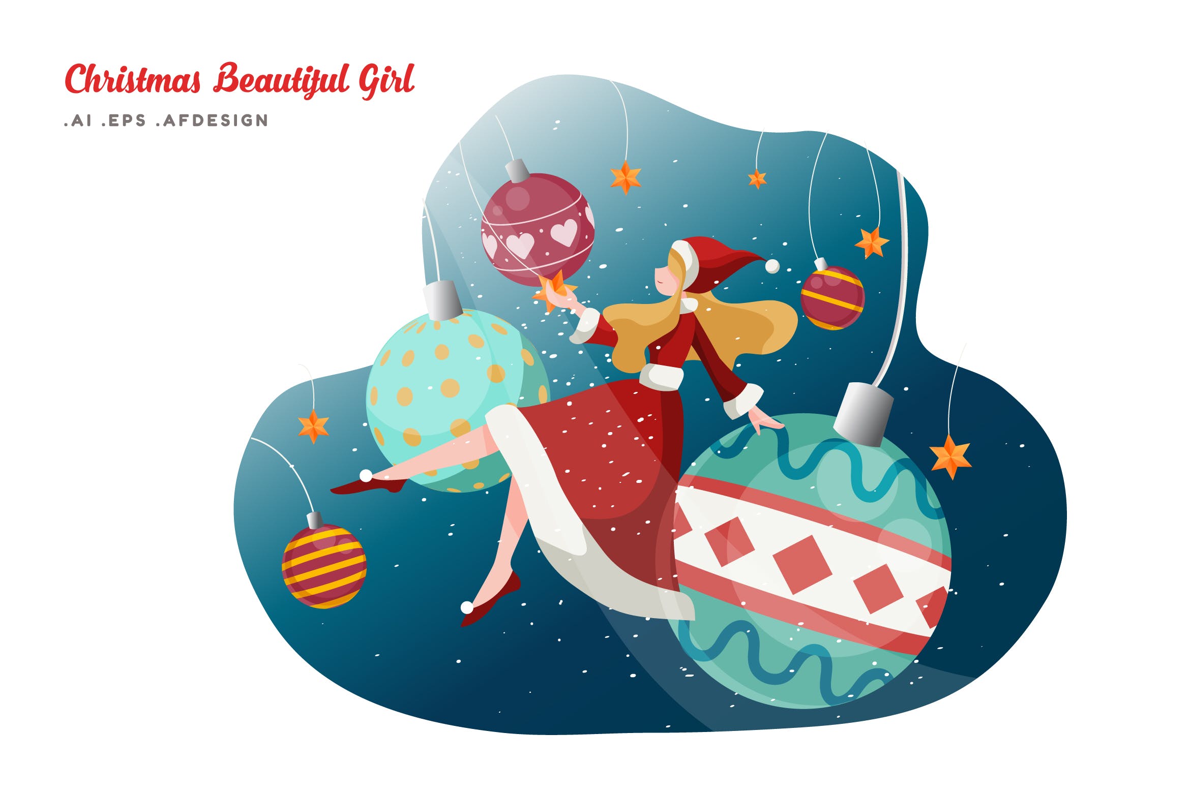 美丽女孩主题圣诞快乐矢量插画 Merry Christmas Beautiful Girl Vector Illustration设计素材模板