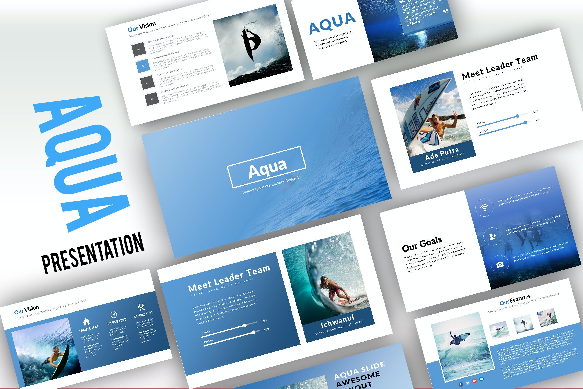 极限运动冲浪主题演示PPT模板 Aqua Creative Powerpoint设计素材模板