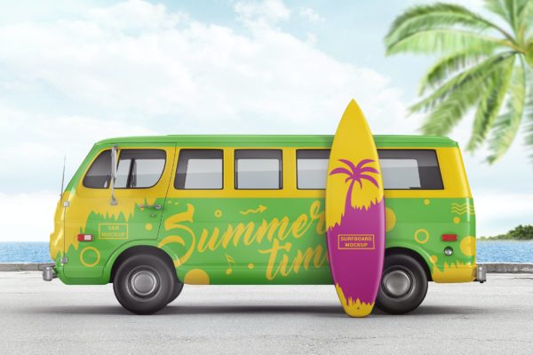 品牌设计货车&冲浪板样机模板 Van With Surfboard Branding Mockup