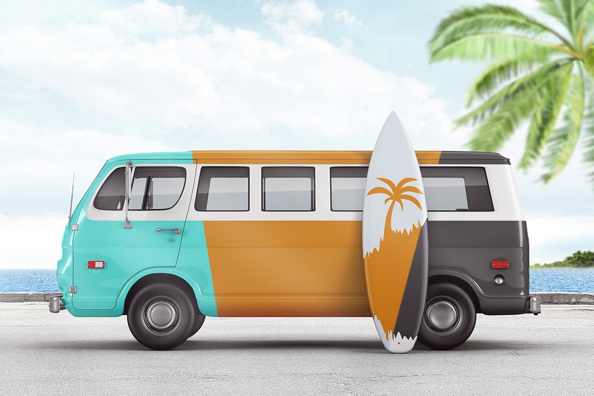品牌设计货车&冲浪板样机模板 Van With Surfboard Branding Mockup设计素材模板
