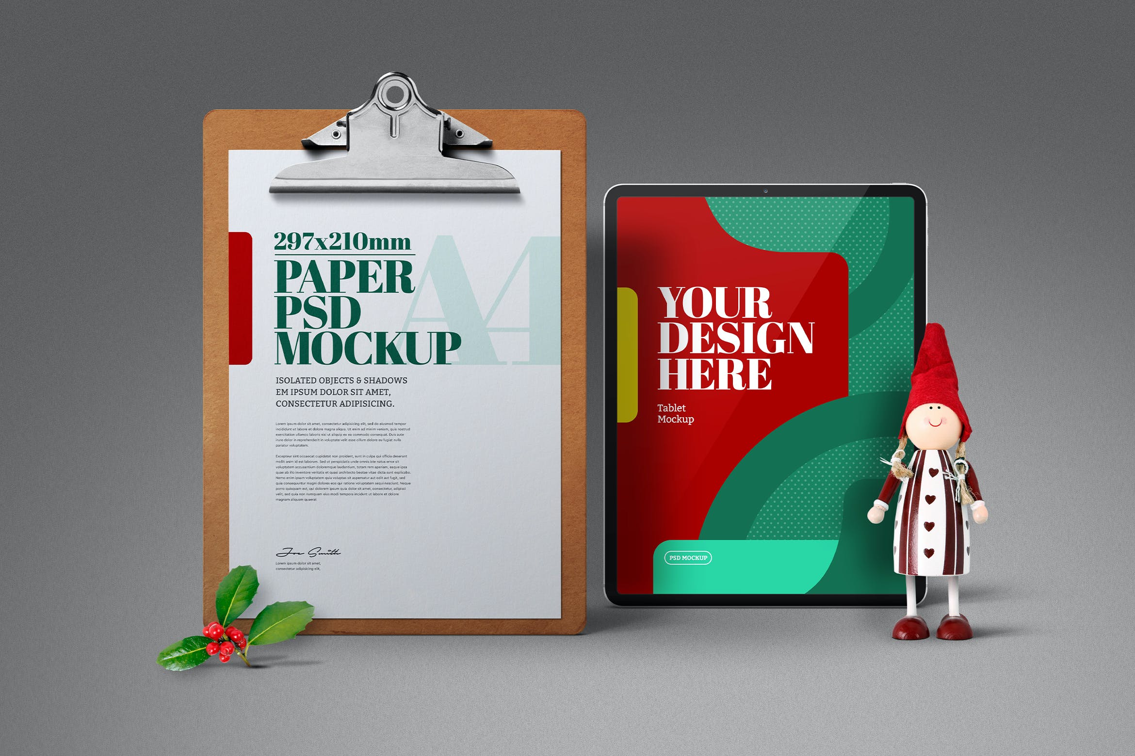 平板电脑样机&圣诞A4传单剪贴板 Christmas A4 Flyer Clipboard Tablet Mockup设计素材模板