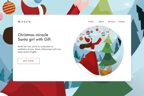 网站插画设计模板 圣诞女孩&装饰元素主题Santa girl with gift Vector Illustration Land