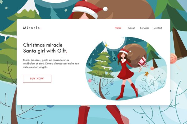 网站插画圣诞女孩&礼物主题设计模板 Santa girl with gift Vector Illustration Landing