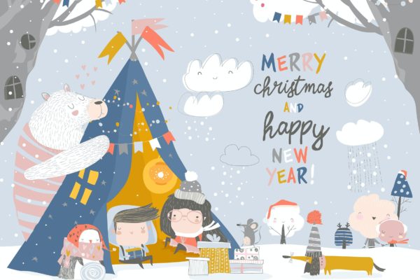 圣诞节主题儿童与动物庆祝卡通矢量插画 Kids celebrating Christmas with animals in a t