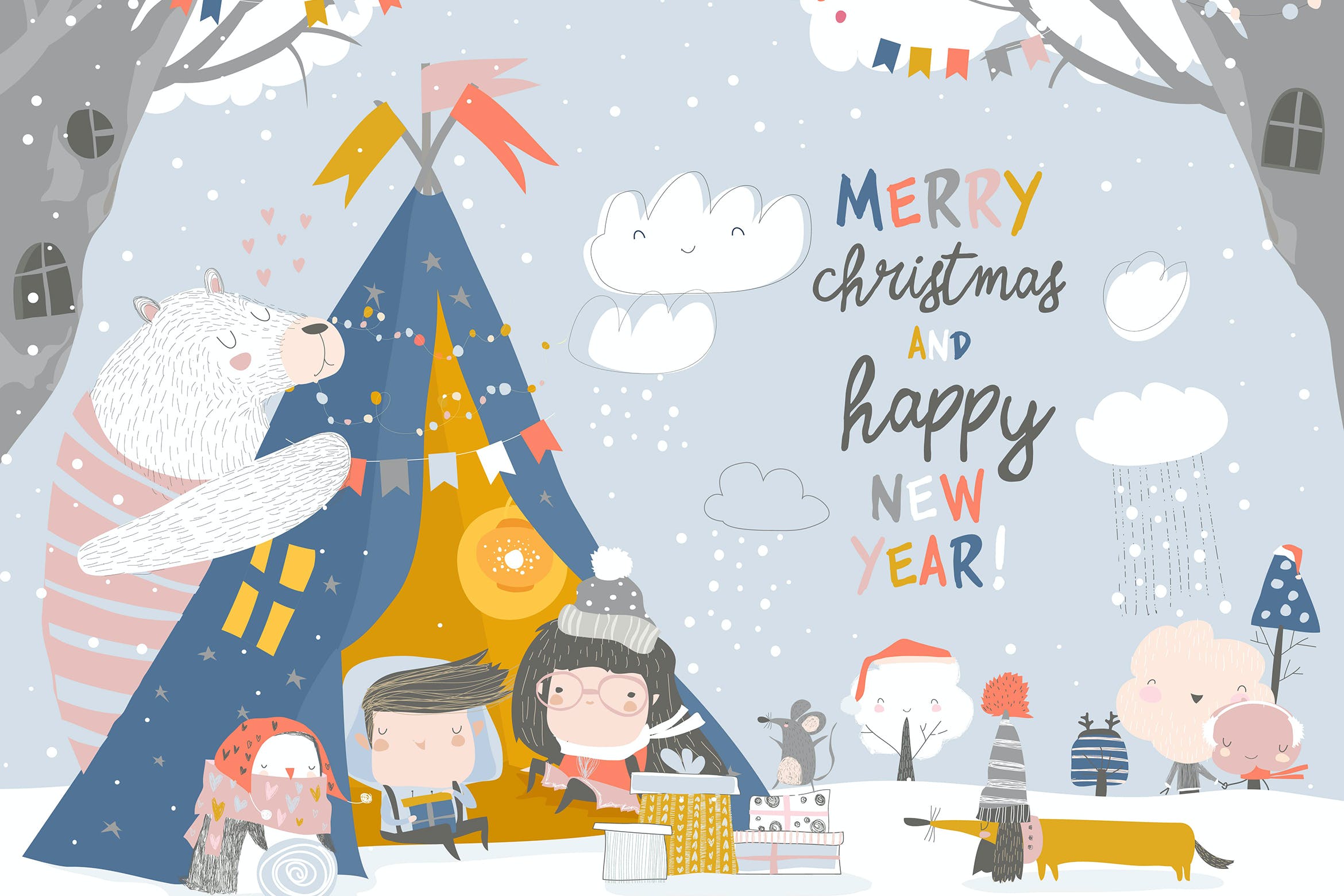 圣诞节主题儿童与动物庆祝卡通矢量插画 Kids celebrating Christmas with animals in a teepe设计素材模板
