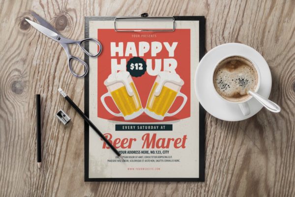 海报设计模板啤酒狂欢节传单 Happy Hour Flyer