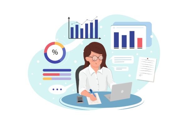 工作场景数据分析报告插画矢量素材 Business woman analyzes data and makes report.