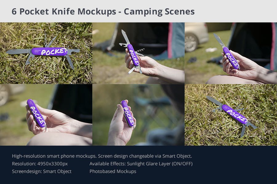 多功能刀样机模板 Pocket Knife Mockup Camping Scenes设计素材模板