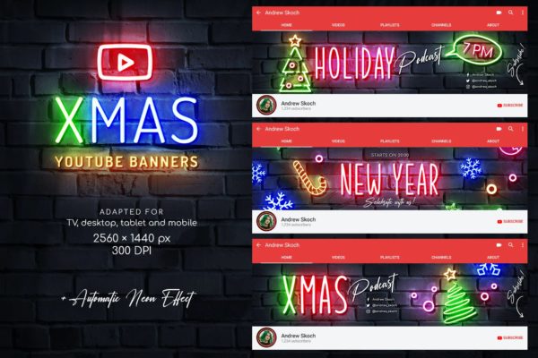 YouTube Banner频道模板圣诞霓虹灯效果 Christmas Neon YouTube